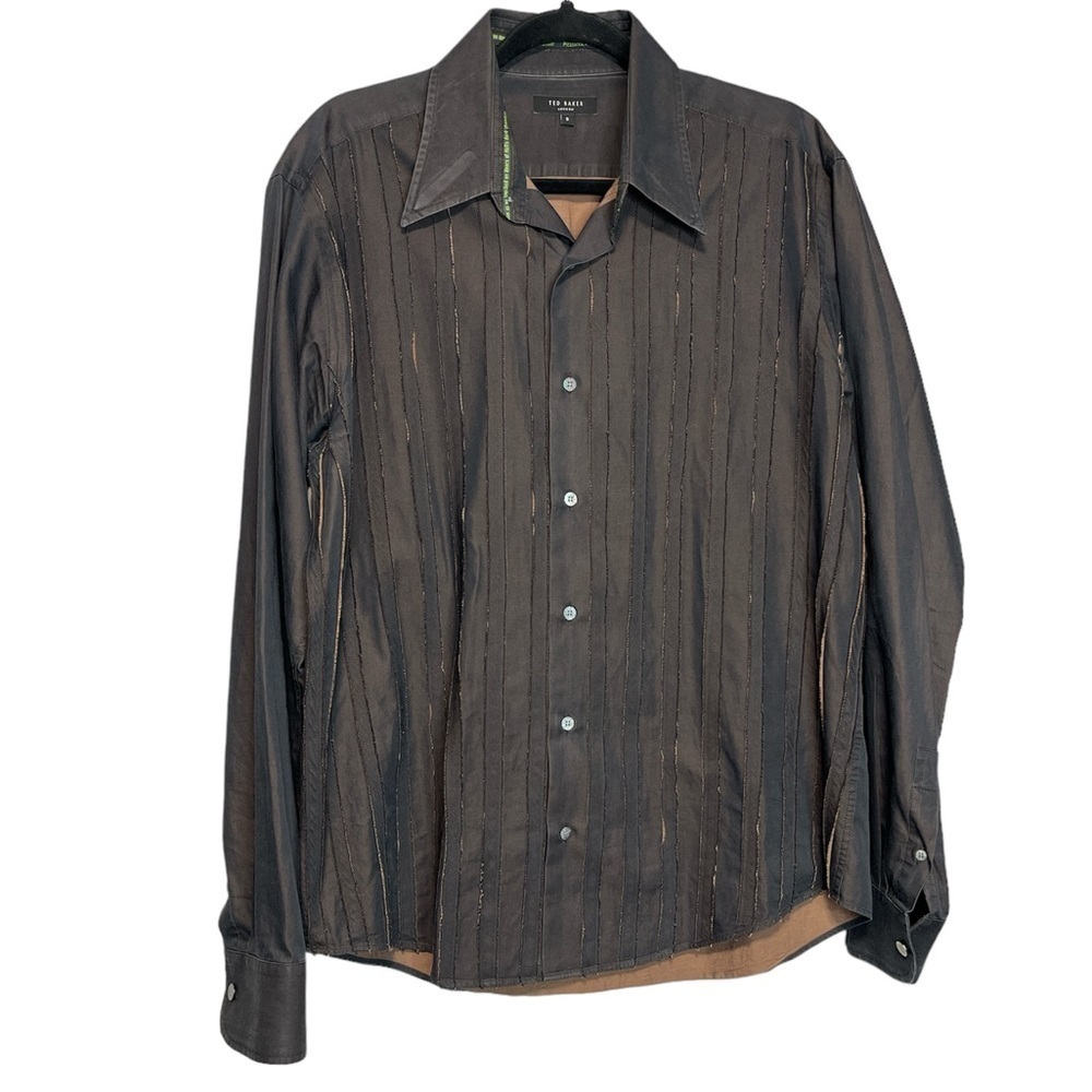 Ted Baker Brown Textured Stripe Long Sleeve Button Up Dress Shirt, Size L